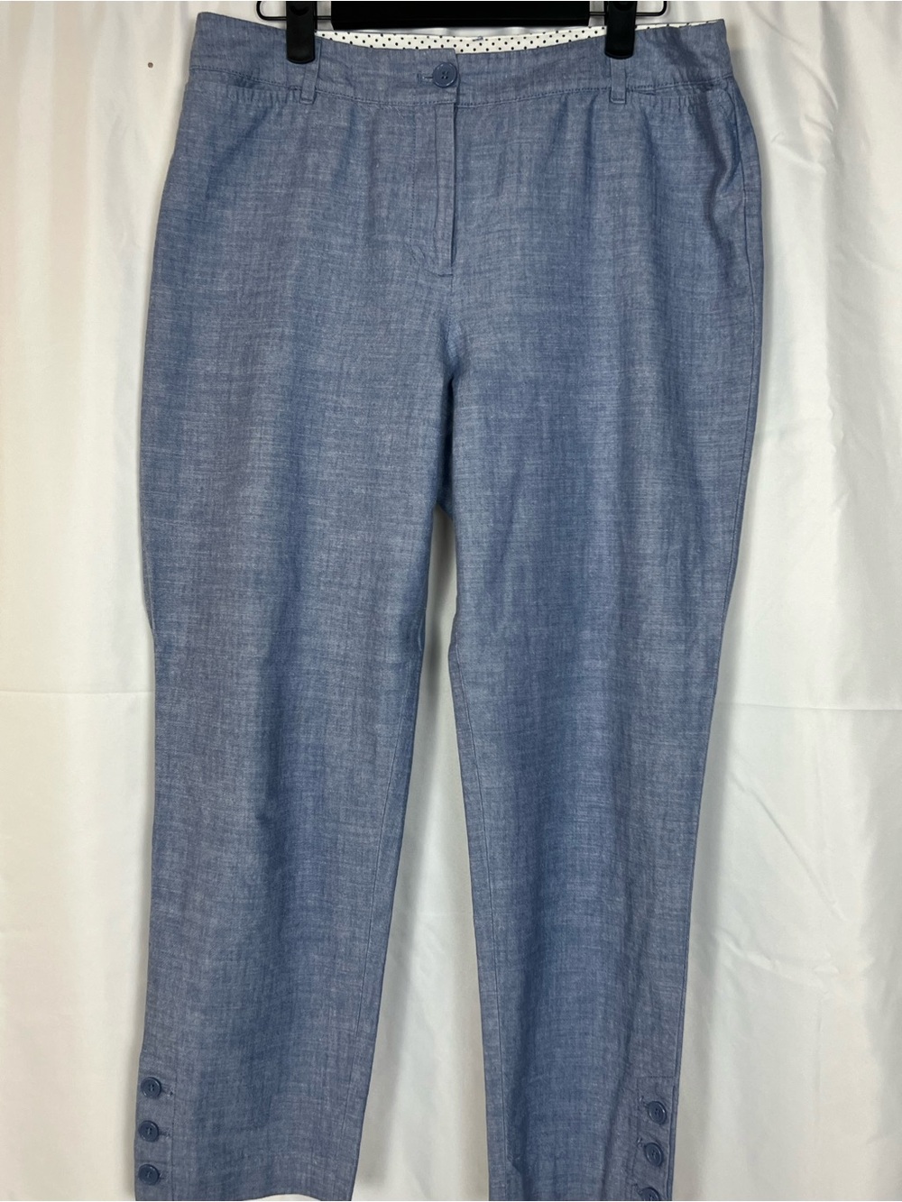 Talbots Perfect Crop chambray pants with button detail.